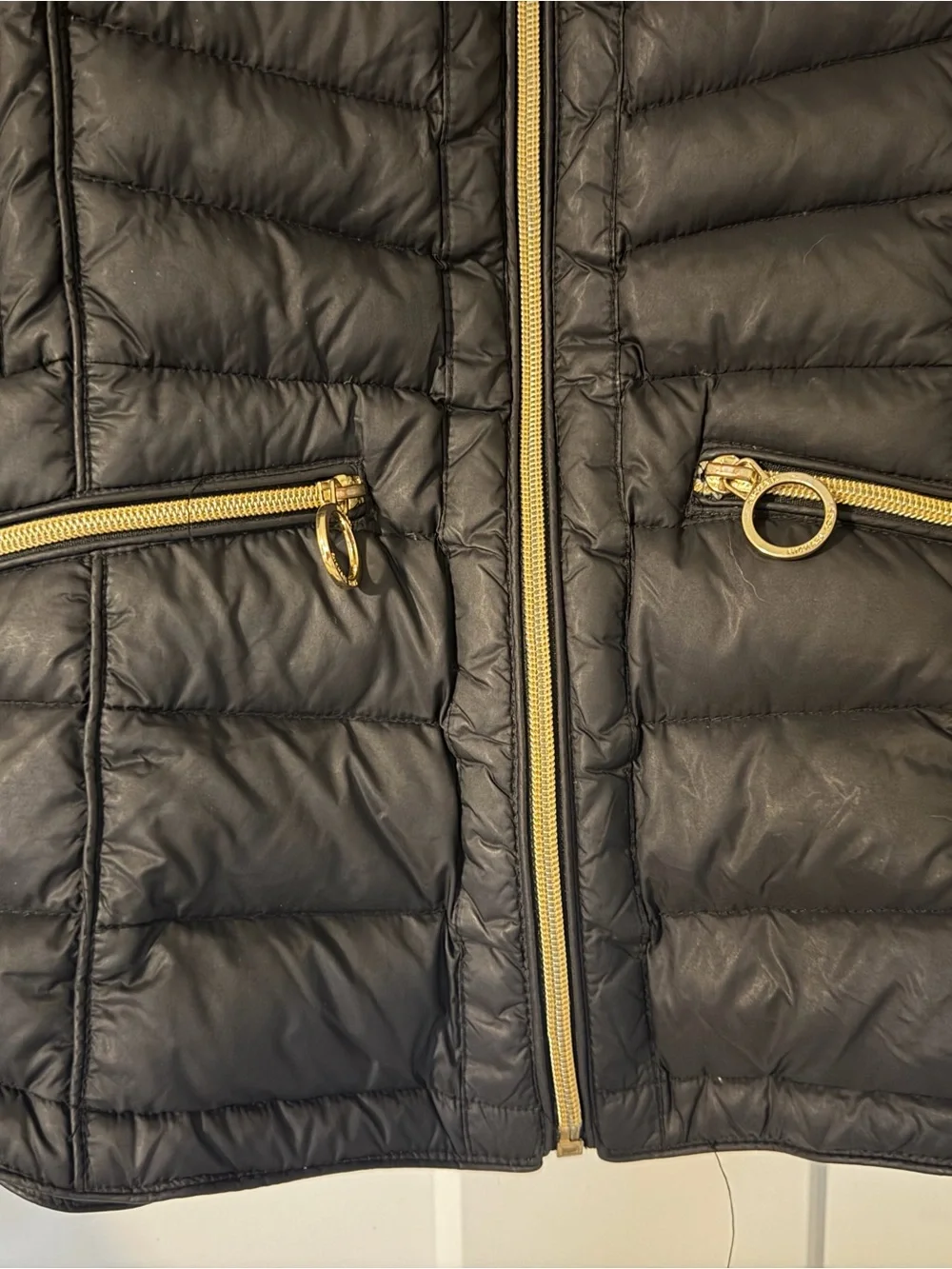 Michael Kors Black Quilted Puffer Jacket with Gold Zipper Accents